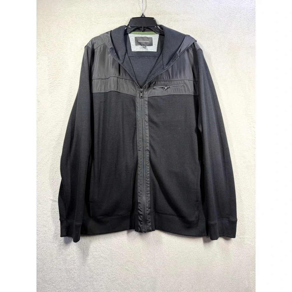 Banana Republic Full Zip Hoodie Mens XL Black Mixed Media Waffle Knit Jacket